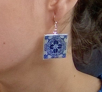 Lisbon Antique Majolica Tile Earring Square Portugal Azulejo Drop Earring Silver Blue Earring Traditional History Teacher Tile Earring Gift