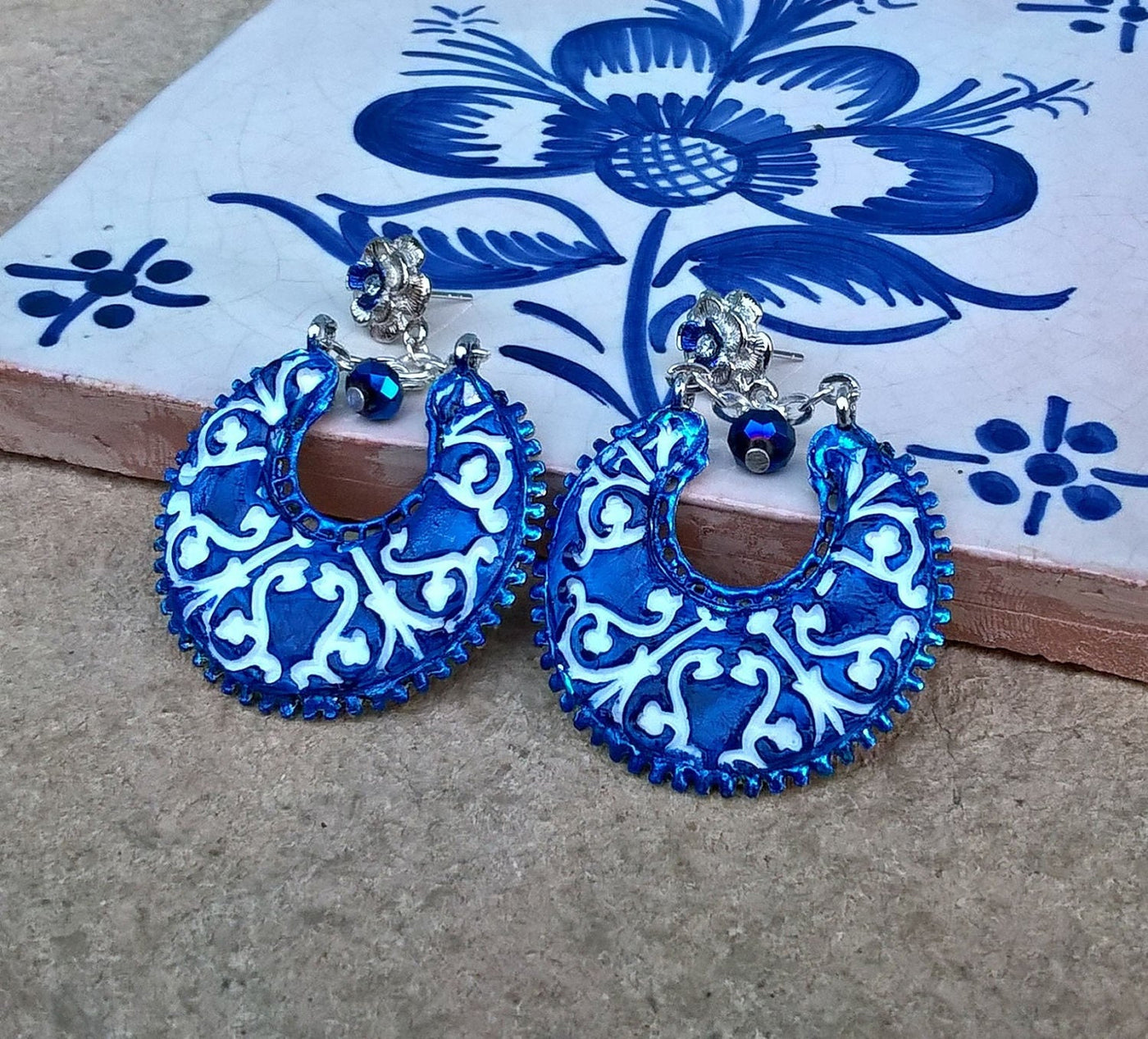 Azure Ceramic Portuguese Clay Drop Earring Navy Blue Earring Portugal Ceramic Sapphire Blue Jewelry Tile Blue White Clay Chandelier Earring