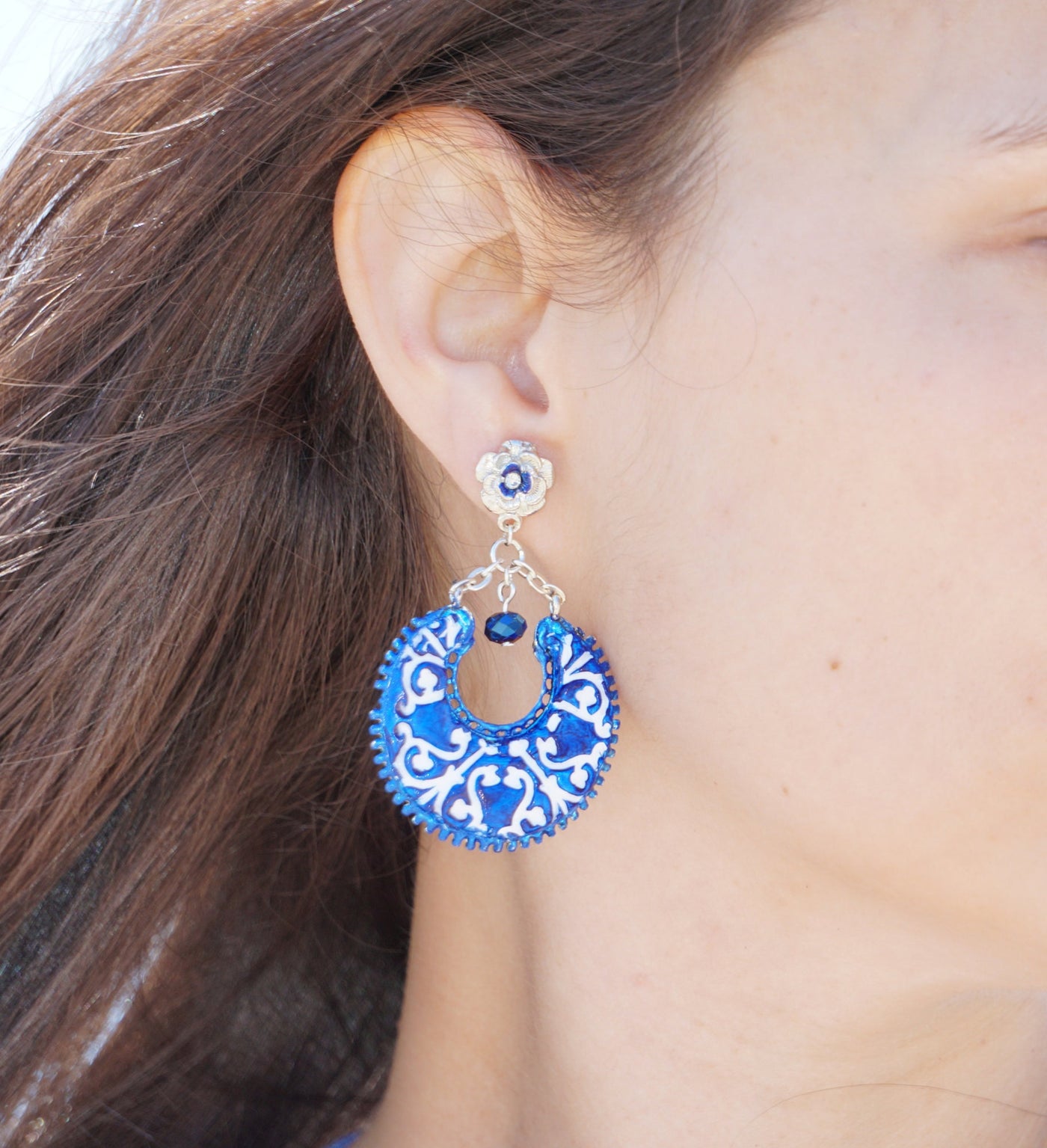 Azure Ceramic Portuguese Clay Drop Earring Navy Blue Earring Portugal Ceramic Sapphire Blue Jewelry Tile Blue White Clay Chandelier Earring