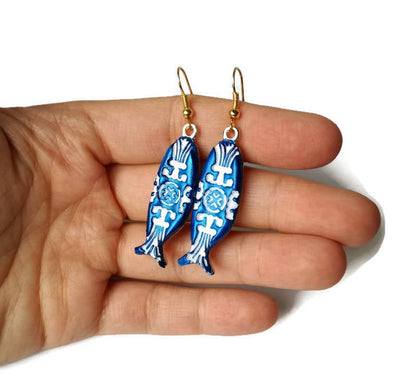 Portugal Sardine Earrings Blue Azulejo Dangle Tile Earrings Portuguese Tiles Jewelry Blue Gold Fish Earrings Clay Embossed Tile Earrings