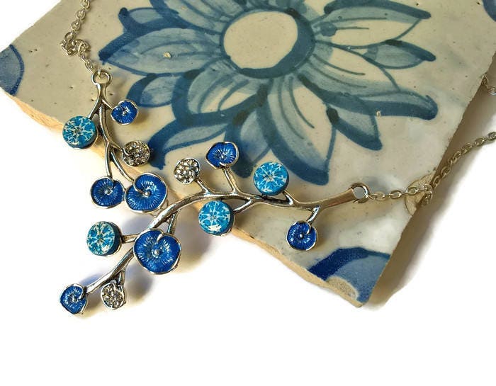 Portugal antique tiles, branch azulejo necklace, Lariat blue tile pendant, Retro Summer Jewelry, Vintage Round Small Tiles Necklace