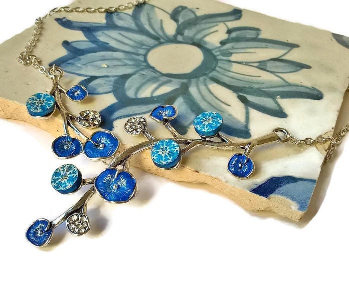 Portugal antique tiles, branch azulejo necklace, Lariat blue tile pendant, Retro Summer Jewelry, Vintage Round Small Tiles Necklace