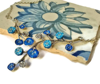 Portugal antique tiles, branch azulejo necklace, Lariat blue tile pendant, Retro Summer Jewelry, Vintage Round Small Tiles Necklace