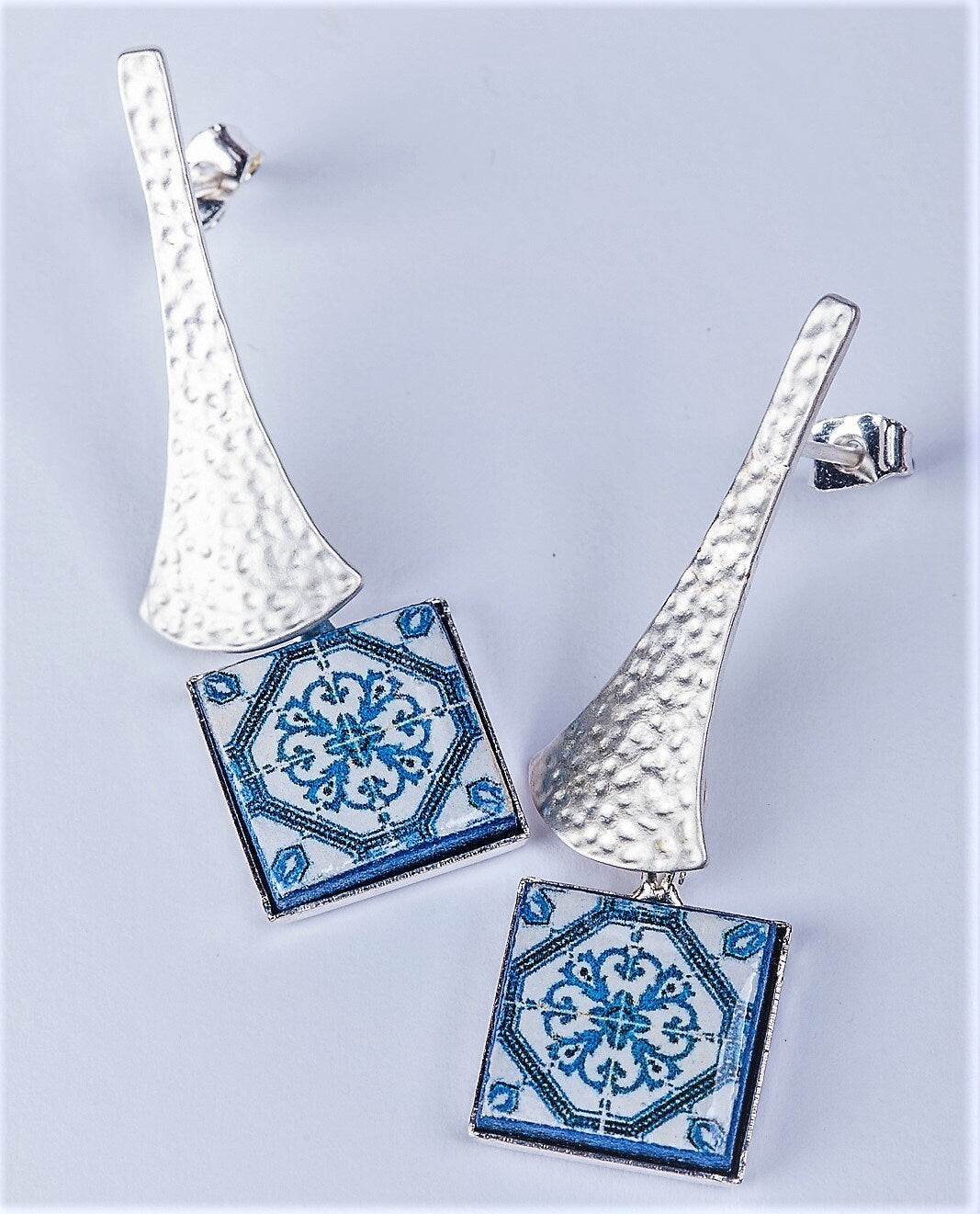 Portugal Blue tile earrings Portuguese azulejos drop earrings Mediterranean style square small studs Long Blue silver post tile earrings