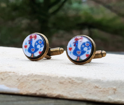 Rooster Bronze Cufflink Blue Round Wood Cufflink Gift Portuguese Galo Groomsmen Wedding Cufflink Father Heritage Gift Idea Business Cufflink