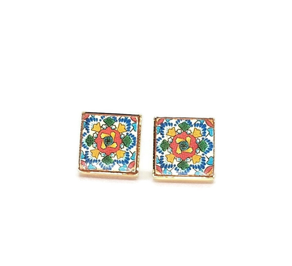 Mexican Tile Stud Earring Talavera Colorful Rainbow Jewelry Mexico Summer Small Stud Square Tile Floral Jewelry Spanish Latina Mother Gift