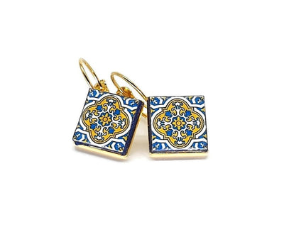 Portugal Tile Azulejo Earring Gold Drop Earring Small Blue Yellow Tile Earring Square Summer Gold Earring Travel from Portugal Souvenir Gift