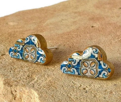 Cloud Tile Stud Earrings Portuguese Tile Earring Retro Vintage Tile Jewelry Gift for Her Anniversary Wife Gift Travel Vacation Gift Idea