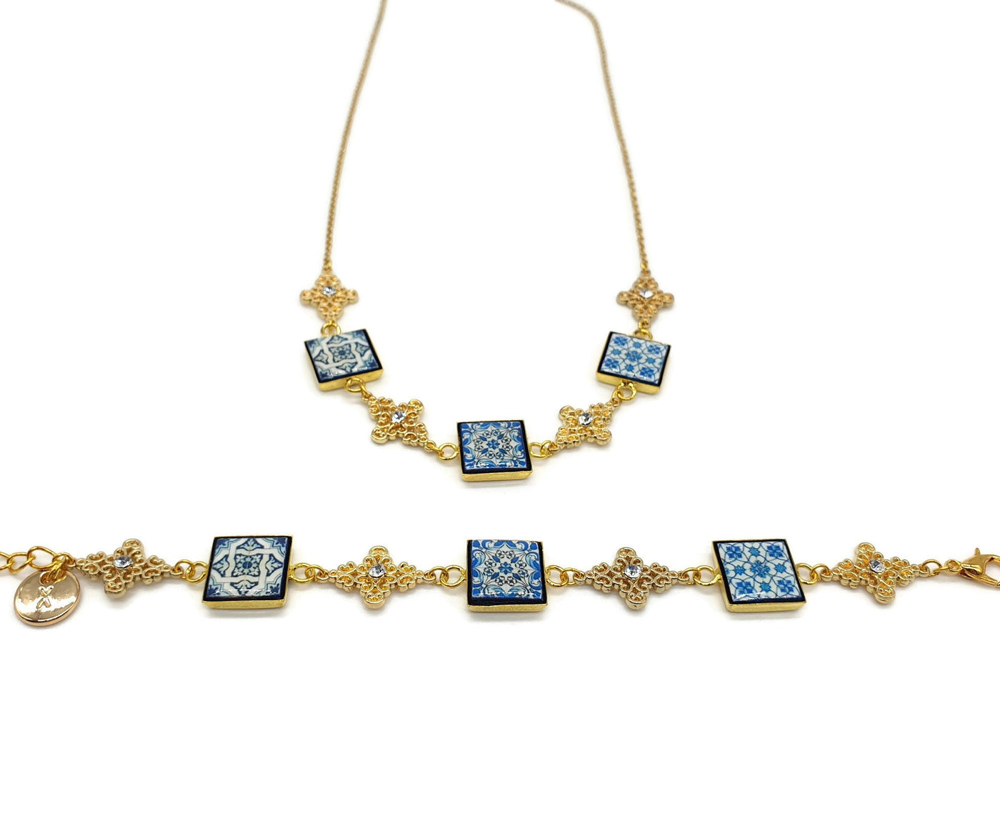 Portugal Royal Tile Necklace Mismatched Blue Square Tile Filigree Gold Cross Necklace Crystals Gold Blue Tile Pendant Travel Gift for Her