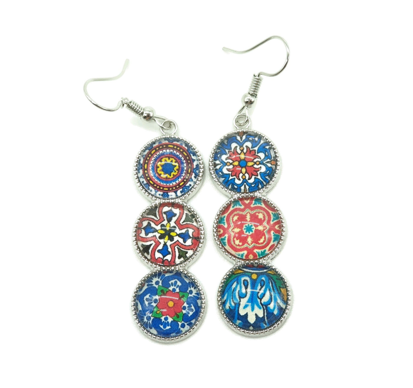 Mexican Tile Round Bar Earring Long Earring Mexico Colorful Jewelry Silver STEEL Mixed Tile Earring Mismatched Tile Handcrafted Woman Gift