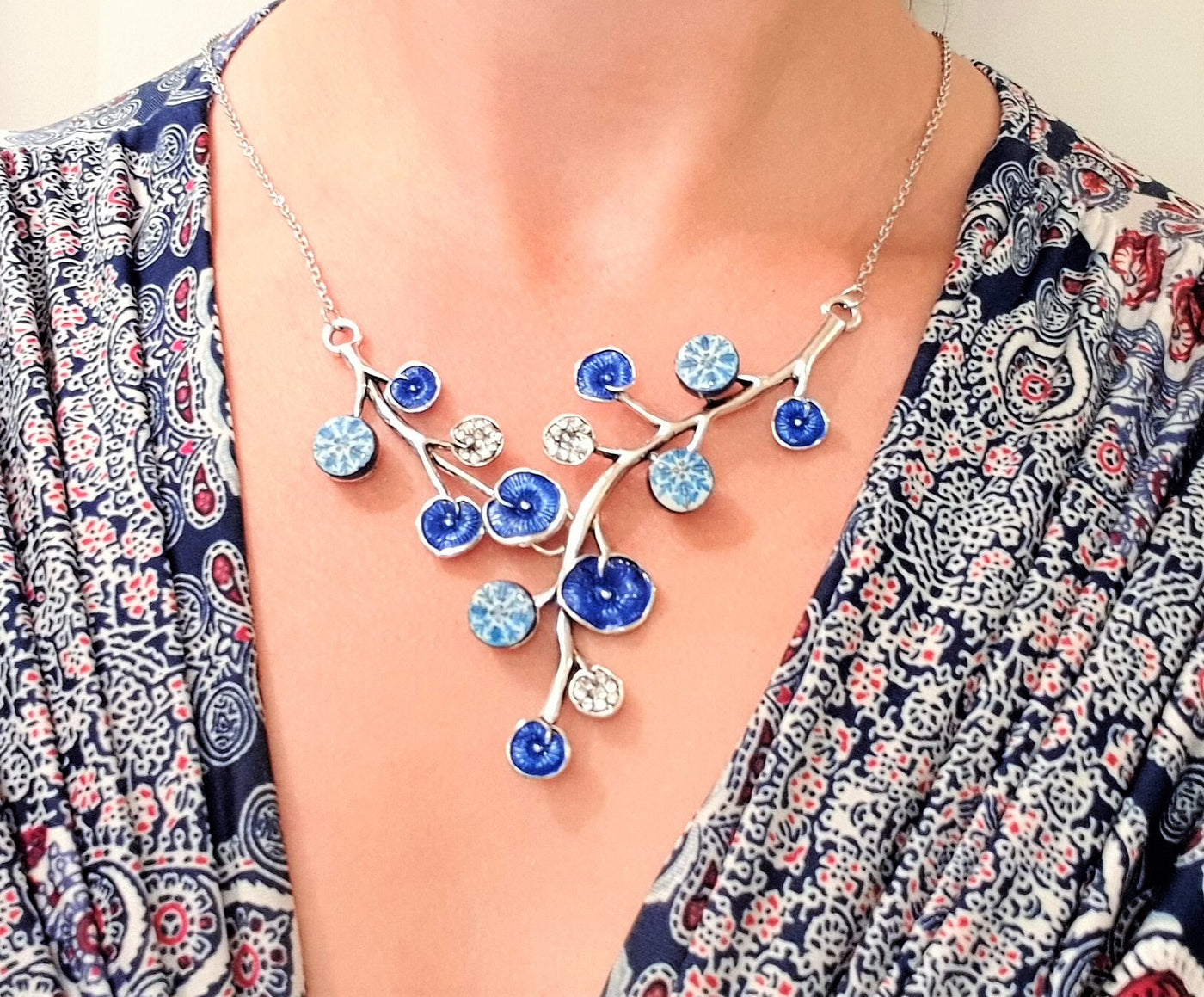 Portugal antique tiles, branch azulejo necklace, Lariat blue tile pendant, Retro Summer Jewelry, Vintage Round Small Tiles Necklace