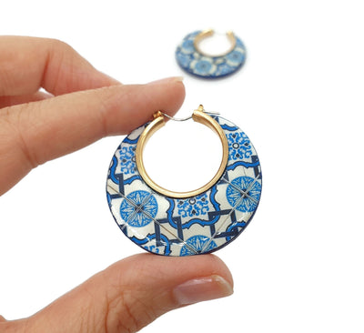 Portuguese Tile Hoop Earring Blue Antique Azulejo Statement Earring Handmade Gift Blue Gold Hoop Daughter Gift Mother Jewelry Gift for Her