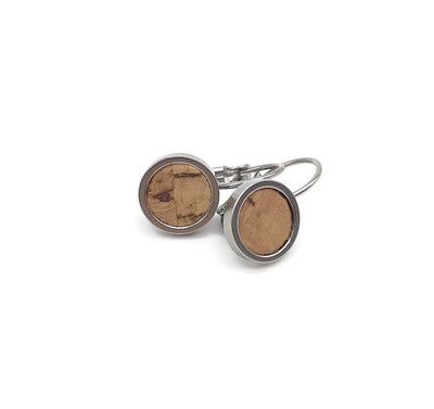 Cork round dangle earrings stainless steel small earrings silver cork jewelry cork vegan leather accessories silver round stud earrings