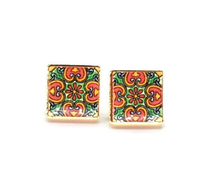 Red Green Mexican Tile Post Earring Talavera Small Tile Jewelry Gift Latina Mother Gift Heritage Jewelry Spanish Tile Earring Women Gift