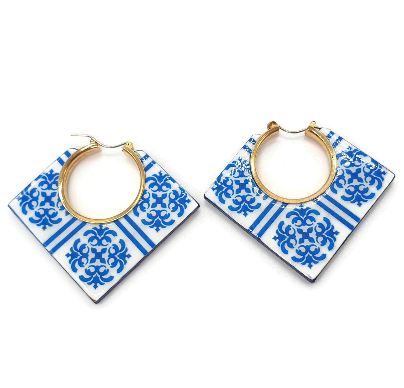 Squared Hoop Tile Earrings Oversized Tile Earrings Bold Jewelry Big Blue Tile Hoops Square gold hoop Earrings Portugal Azulejo Earrings