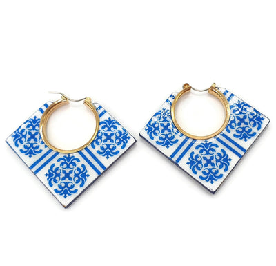 Squared Hoop Tile Earrings Oversized Tile Earrings Bold Jewelry Big Blue Tile Hoops Square gold hoop Earrings Portugal Azulejo Earrings