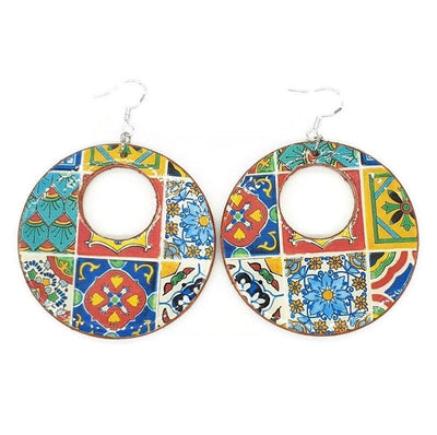 Mexican Tile Hoop Earring Big Statement Earring Maximalist Jewelry Mexico Talavera Tile Mixed Pattern Colorful Hoop Earring Talavera Tile