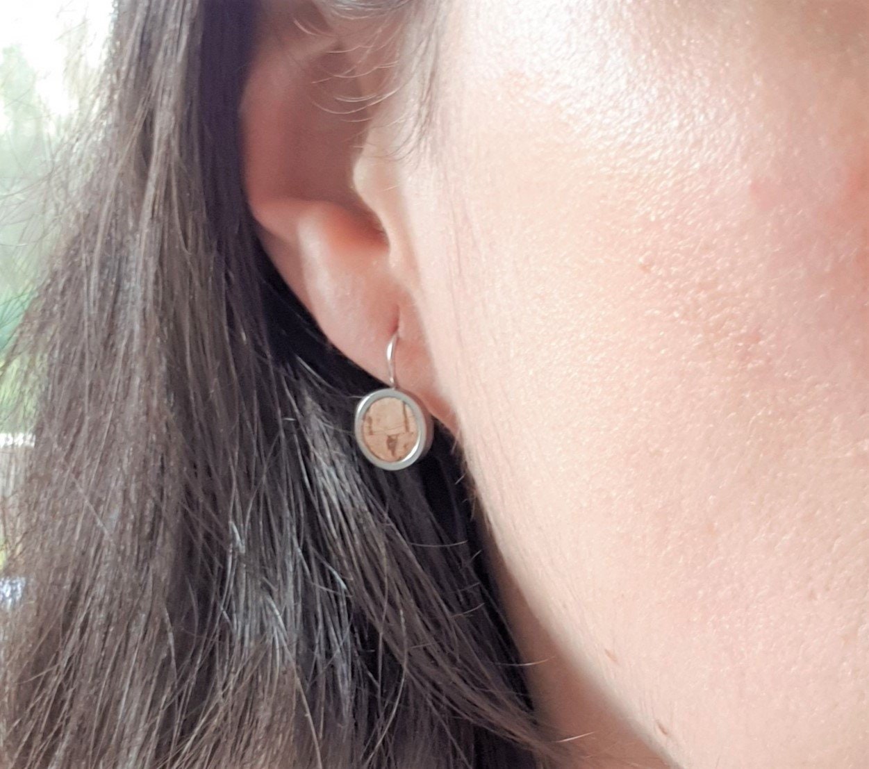 Cork round dangle earrings stainless steel small earrings silver cork jewelry cork vegan leather accessories silver round stud earrings