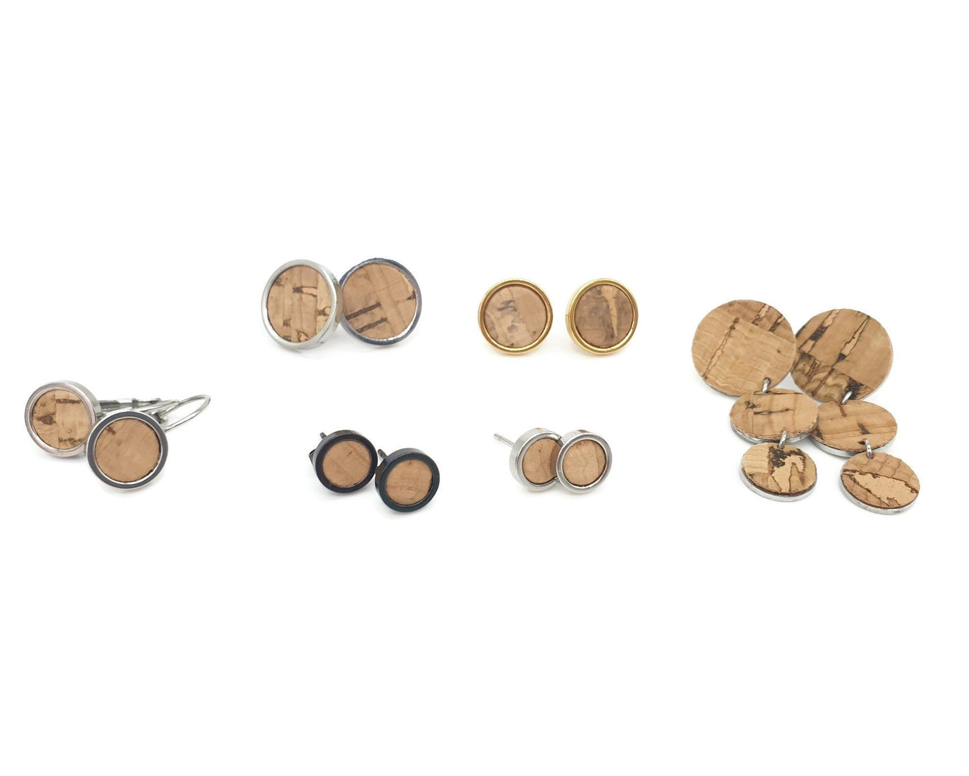 Cork round dangle earrings stainless steel small earrings silver cork jewelry cork vegan leather accessories silver round stud earrings