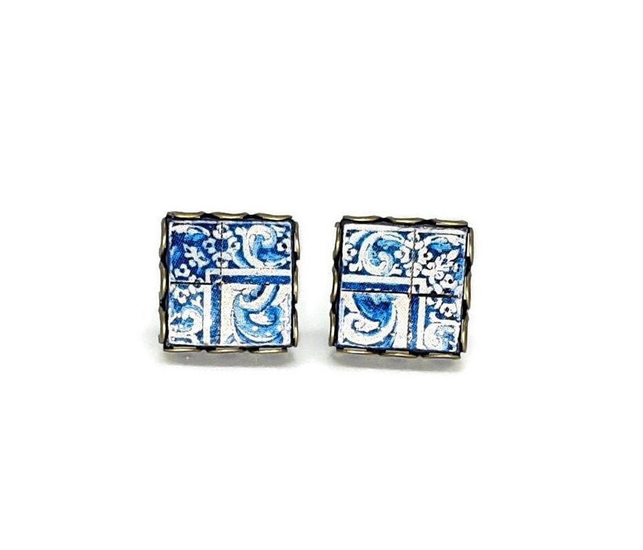 Blue Tile Stud Earring Lace Bronze Stud Portuguese Tile Blue Azulejo Handmade Earring Portugal Jewelry Gift Antique Tile Portuguese Gift