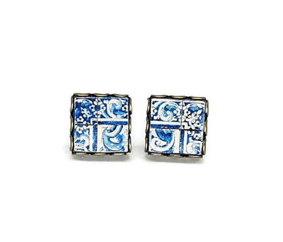 Blue Tile Stud Earring Lace Bronze Stud Portuguese Tile Blue Azulejo Handmade Earring Portugal Jewelry Gift Antique Tile Portuguese Gift