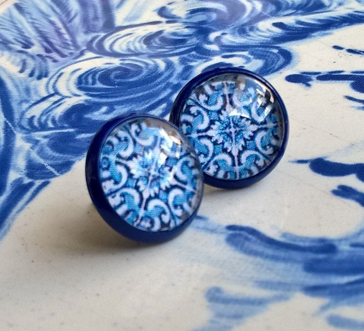 Antique blue tiles earrings Portuguese jewelry blue white small earrings historical earrings azulejo jewelry travel gift, vacation gift