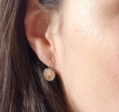 Cork round dangle earrings stainless steel small earrings silver cork jewelry cork vegan leather accessories silver round stud earrings