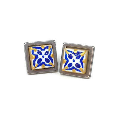 Hand Painted Ceramic Tile Earrings Portuguese Blue Gold Azulejo Earrings Square Natural Stone Stud Earrings Stainless Steel Porcelain Studs