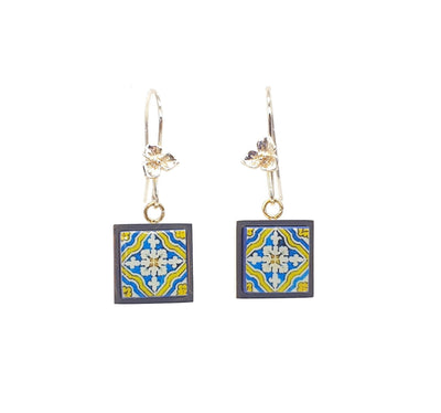 Portugal Azulejo Gold STEEL Earring Antique Tile Drop Earring Gold Flower Ear Wire Majolica Blue Yellow Tile Portugal Souvenir Gift for Mom