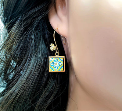 Portugal Azulejo Gold STEEL Earring Antique Tile Drop Earring Gold Flower Ear Wire Majolica Blue Yellow Tile Portugal Souvenir Gift for Mom