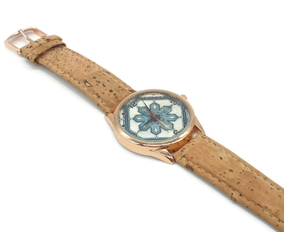 Portuguese Tile Watch Rose Gold Cork Wristwatch Blue Azulejo Watch Vegan Cork Wristwatch Organic Bracelet Watch Geometric Blue Tile