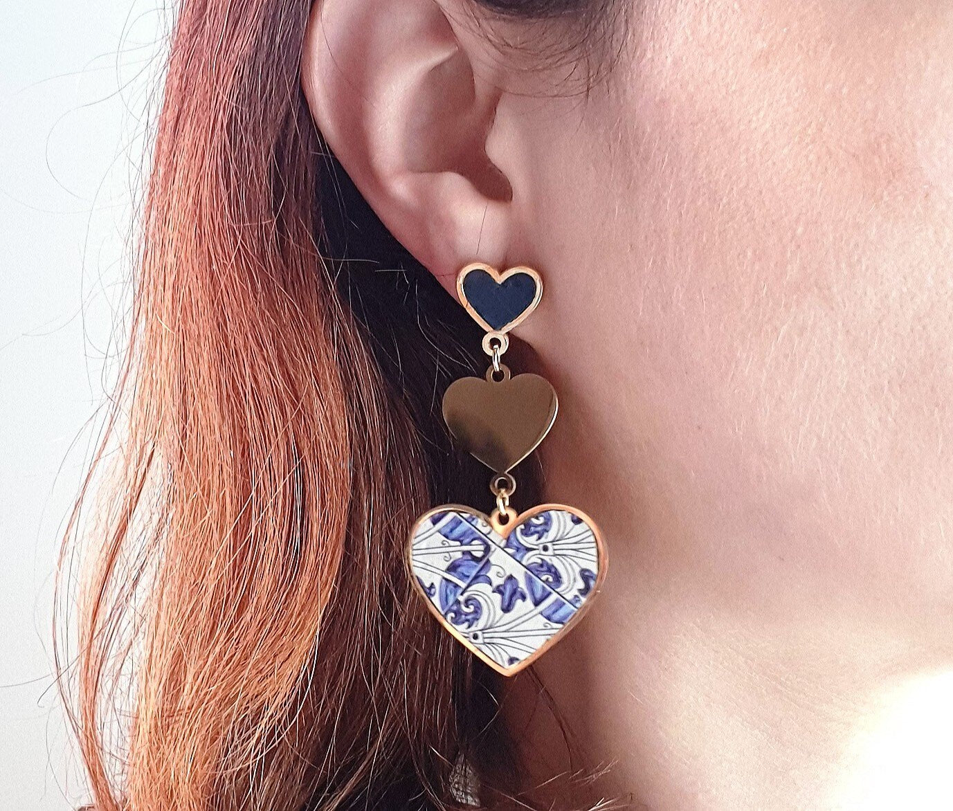 Heart Tile Cork Earrings Bold Statement Earrings Portugal Azulejos Steel Earrings Eco Leather Gold Cork Jewelry Antique Blue Azulejos