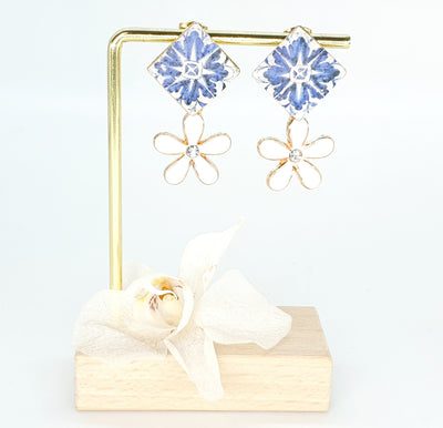 Tile Cork Earrings Square White Flower Earrings Portugal Azulejos Earrings Eco Leather Gold Filled Cork Jewelry Antique Blue Azulejos