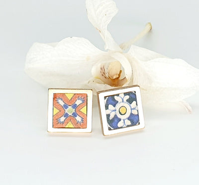 Mexican Cork Stud Earrings Talavera Tiles Studs Mexico Colorful Tiles Geometric Earrings Eco Leather Cork Studs Gold Stainless Steel