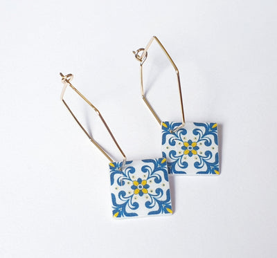 Portugal azulejo earrings Portuguese tiles Hexagon Hoops Square Geometric Earrings Majolica Blue Gold Tiles Antique Azulejo Earrings