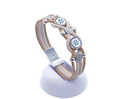 White Cork Bracelet w/ Antique Portuguese Tiles Custom Size Cork Bracelet Vegan Leather Jewelry Women Wrist Jewelry Organic & Handmade