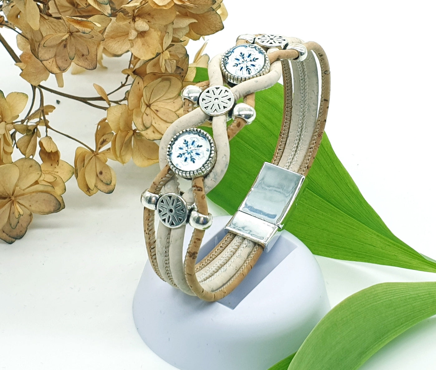 White Cork Bracelet w/ Antique Portuguese Tiles Custom Size Cork Bracelet Vegan Leather Jewelry Women Wrist Jewelry Organic & Handmade