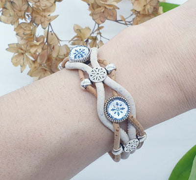 White Cork Bracelet w/ Antique Portuguese Tiles Custom Size Cork Bracelet Vegan Leather Jewelry Women Wrist Jewelry Organic & Handmade