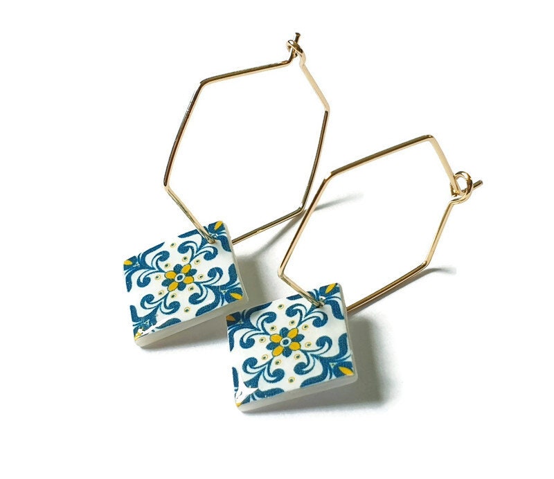 Portugal azulejo earrings Portuguese tiles Hexagon Hoops Square Geometric Earrings Majolica Blue Gold Tiles Antique Azulejo Earrings