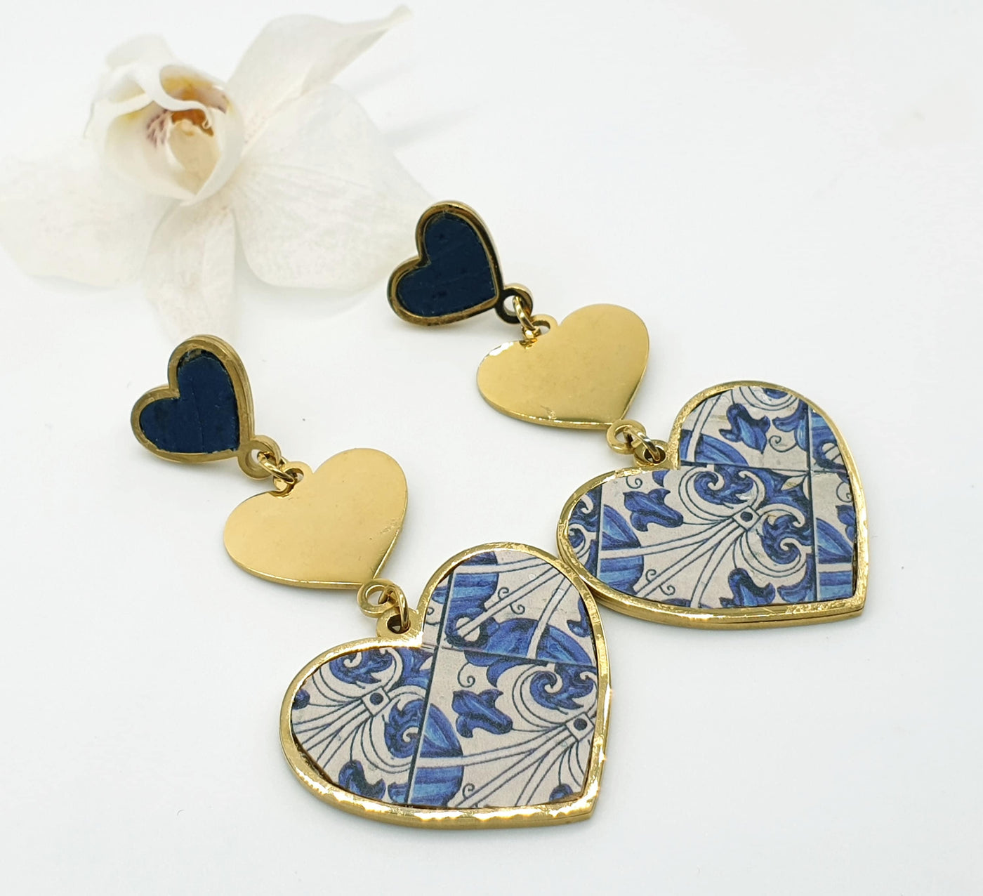 Heart Tile Cork Earrings Bold Statement Earrings Portugal Azulejos Steel Earrings Eco Leather Gold Cork Jewelry Antique Blue Azulejos