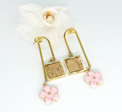 Pink Flower Cork Earrings Tile Cork Earrings Eco Leather Cork Jewelry Gold and Rose Vegan Earrings Vegan Gift For Wife