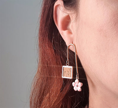 Pink Flower Cork Earrings Tile Cork Earrings Eco Leather Cork Jewelry Gold and Rose Vegan Earrings Vegan Gift For Wife