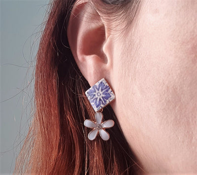 Tile Cork Earrings Square White Flower Earrings Portugal Azulejos Earrings Eco Leather Gold Filled Cork Jewelry Antique Blue Azulejos