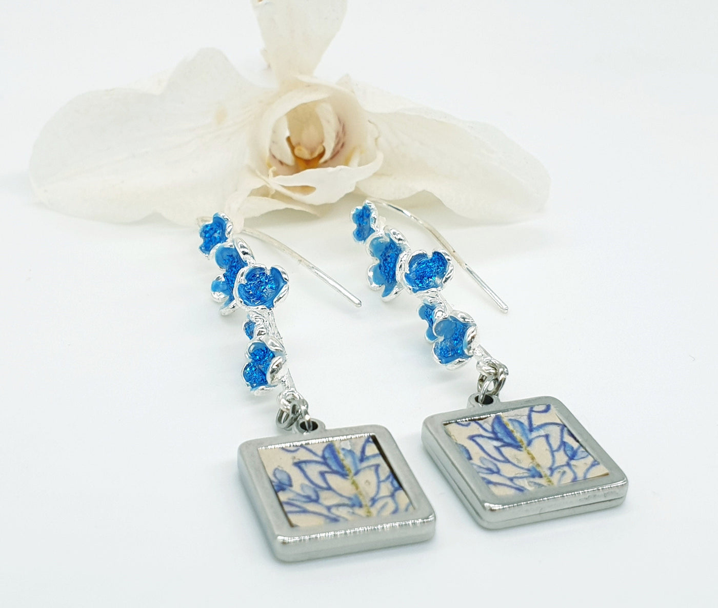 Tile Cork Earrings Blue Flowers Earrings Portugal Azulejos Earrings Portuguese Tiles Gold Filled Cork Jewelry Antique Blue Azulejos