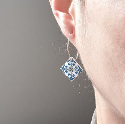 Portugal azulejo earrings Portuguese tiles Hexagon Hoops Square Geometric Earrings Majolica Blue Gold Tiles Antique Azulejo Earrings