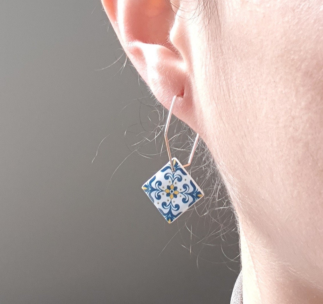 Portugal azulejo earrings Portuguese tiles Hexagon Hoops Square Geometric Earrings Majolica Blue Gold Tiles Antique Azulejo Earrings