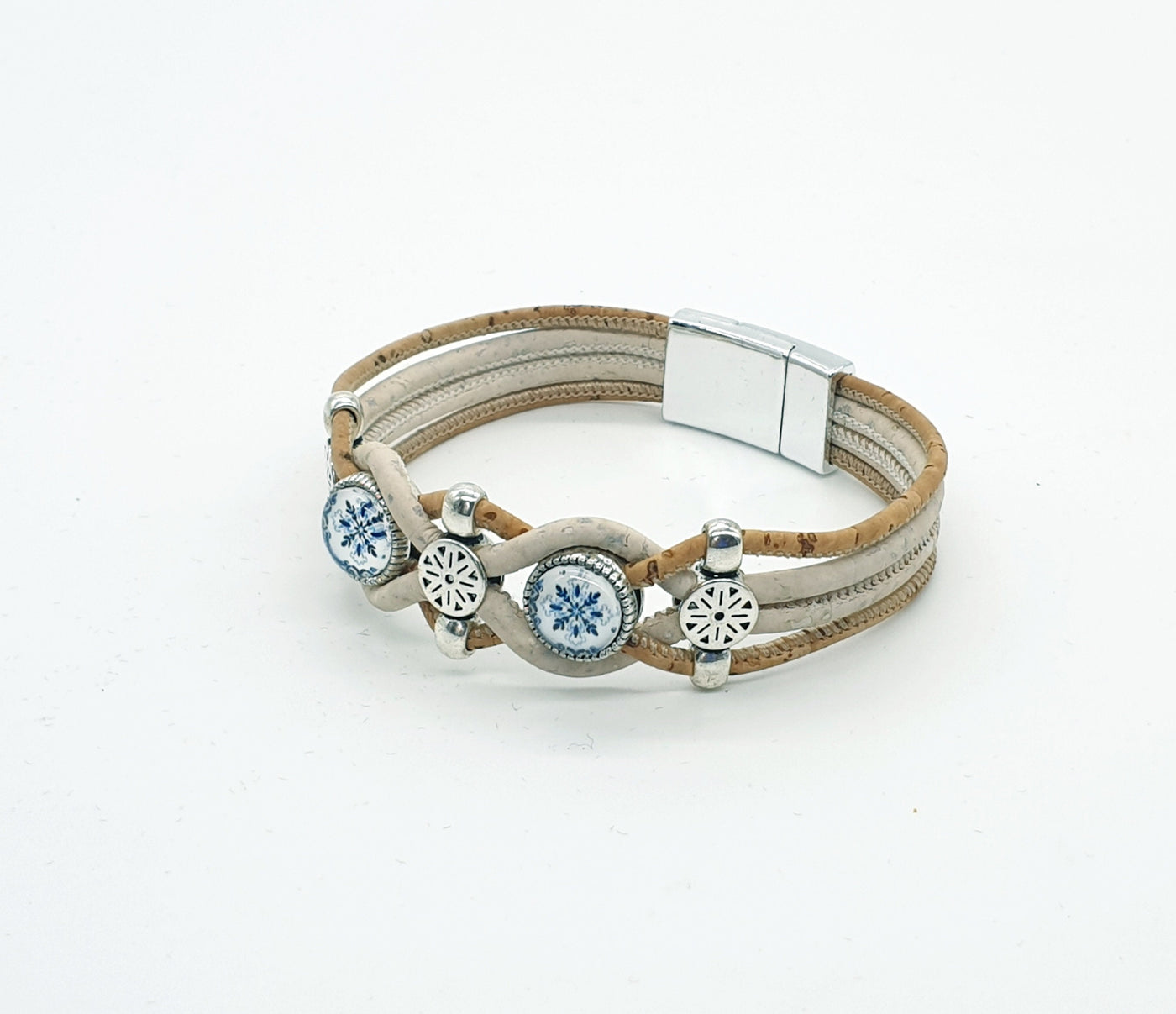 White Cork Bracelet w/ Antique Portuguese Tiles Custom Size Cork Bracelet Vegan Leather Jewelry Women Wrist Jewelry Organic & Handmade