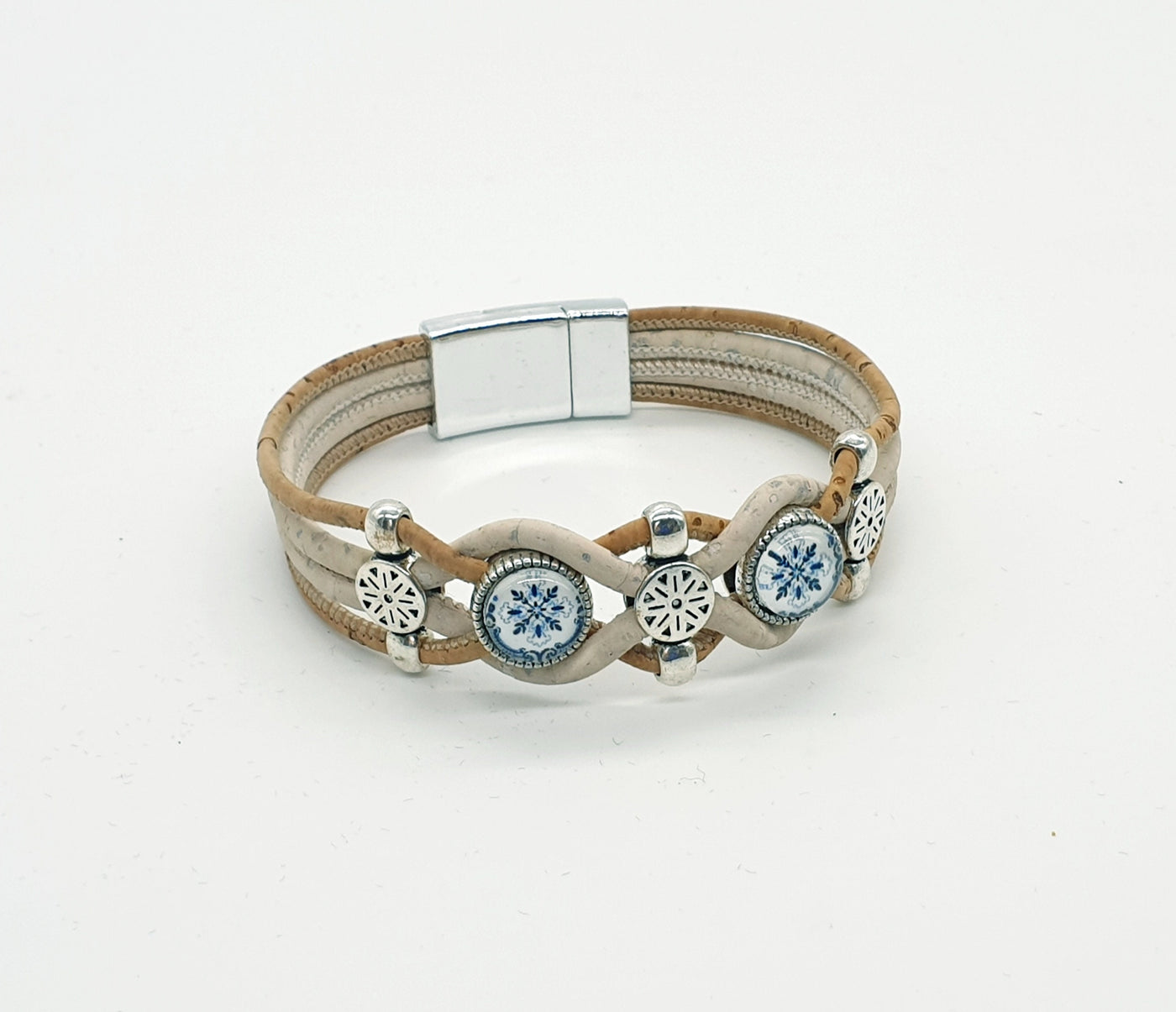 White Cork Bracelet w/ Antique Portuguese Tiles Custom Size Cork Bracelet Vegan Leather Jewelry Women Wrist Jewelry Organic & Handmade