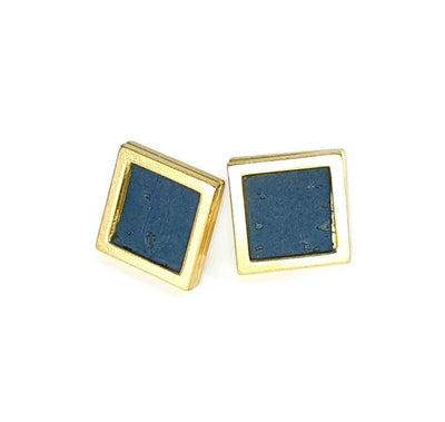 Cork Square Stud Earrings Blue Tiles Studs Gold Minimalist Earrings Eco Leather Cork Studs Rose Gold Stainless Steel Vegan Sustainable