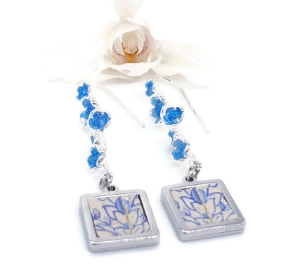 Tile Cork Earrings Blue Flowers Earrings Portugal Azulejos Earrings Portuguese Tiles Gold Filled Cork Jewelry Antique Blue Azulejos
